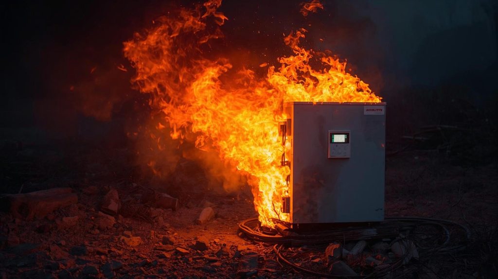 Solar inverter overheating and catching fire, illustrating inverter fire risk
