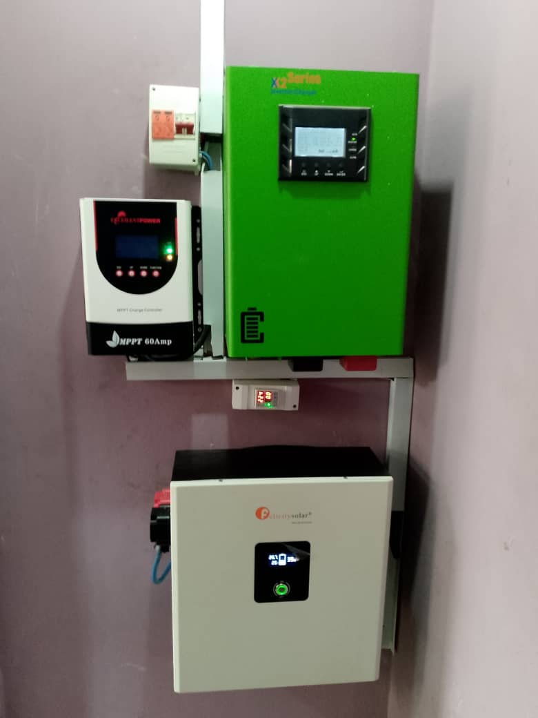 5Kva/48 solar inverter installation with 5KWH Lithium ion Battery and 6 units of 450 watts solar panels